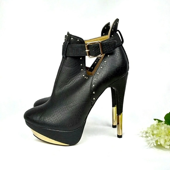 Paper Fox Shoes - Gold Studded Snake Skin Ankle Strap Stiletto Heels